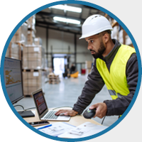 A warehouse worker in a hard hat and neon vest uses a barcode scanner and laptop, surrounded by stacked boxes. The setting appears organized and efficient.