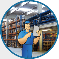Illustration of a smiling worker in blue overalls holding a tablet, standing in a large warehouse with stacked shelves and boxes, conveying efficiency.